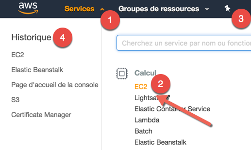 Accès à EC2 : cliquez sur "Services" (1) puis sur "EC2" (2)
