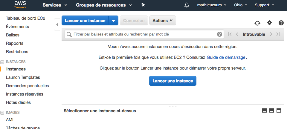 La liste des instances (serveurs) EC2 qui tournent