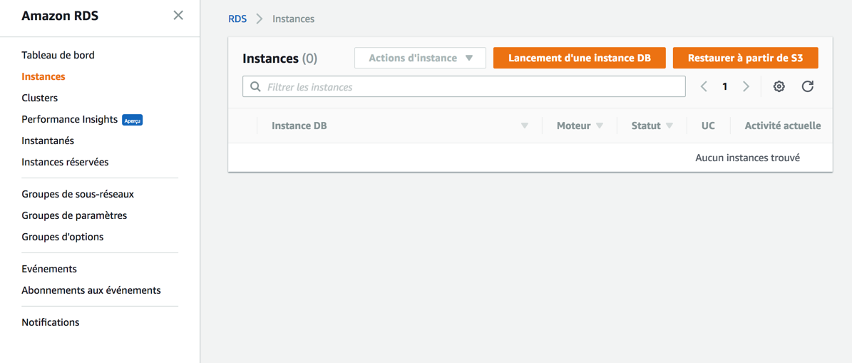 La liste des instances RDS est pour l'instant vide