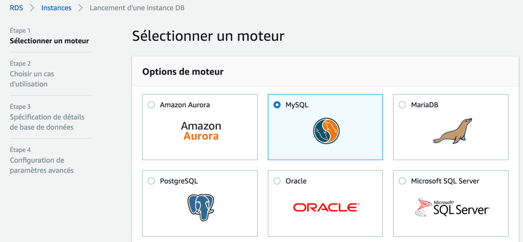 Choisissez le moteur de base de données qui sera installé sur l'instance RDS