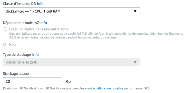 Choisissez le type de serveur et la taille de la base