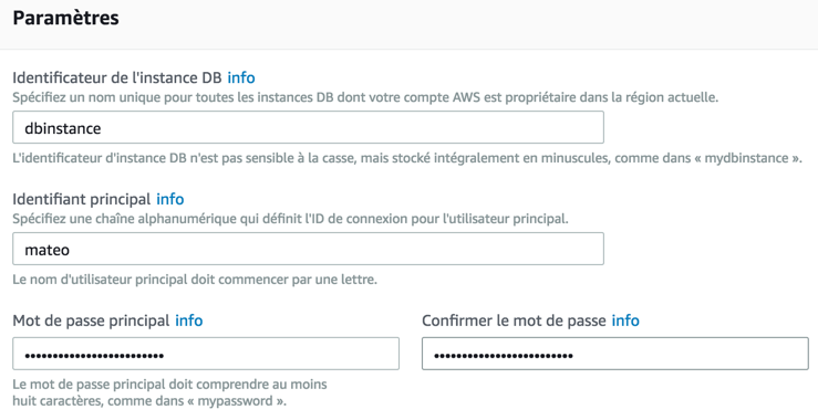 Configurez le nom de l'instance, l'utilisateur et son mot de passe
