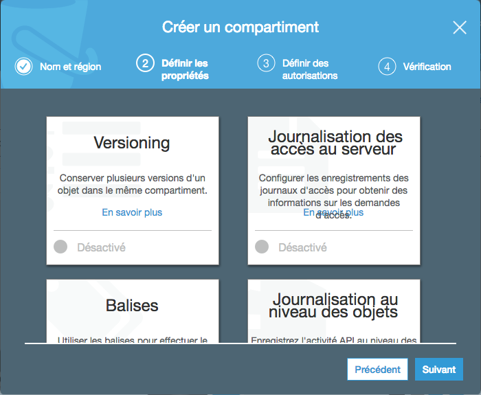 Vous pouvez choisir des options pour votre bucket