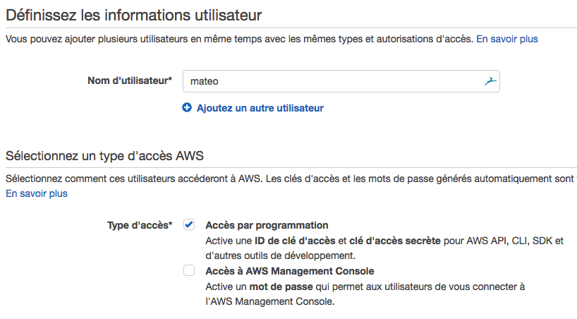Autorisez votre utilisateur à accéder à AWS par programmation