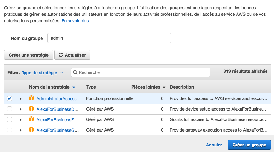 Nous créons un groupe admin avec des droits d'admin